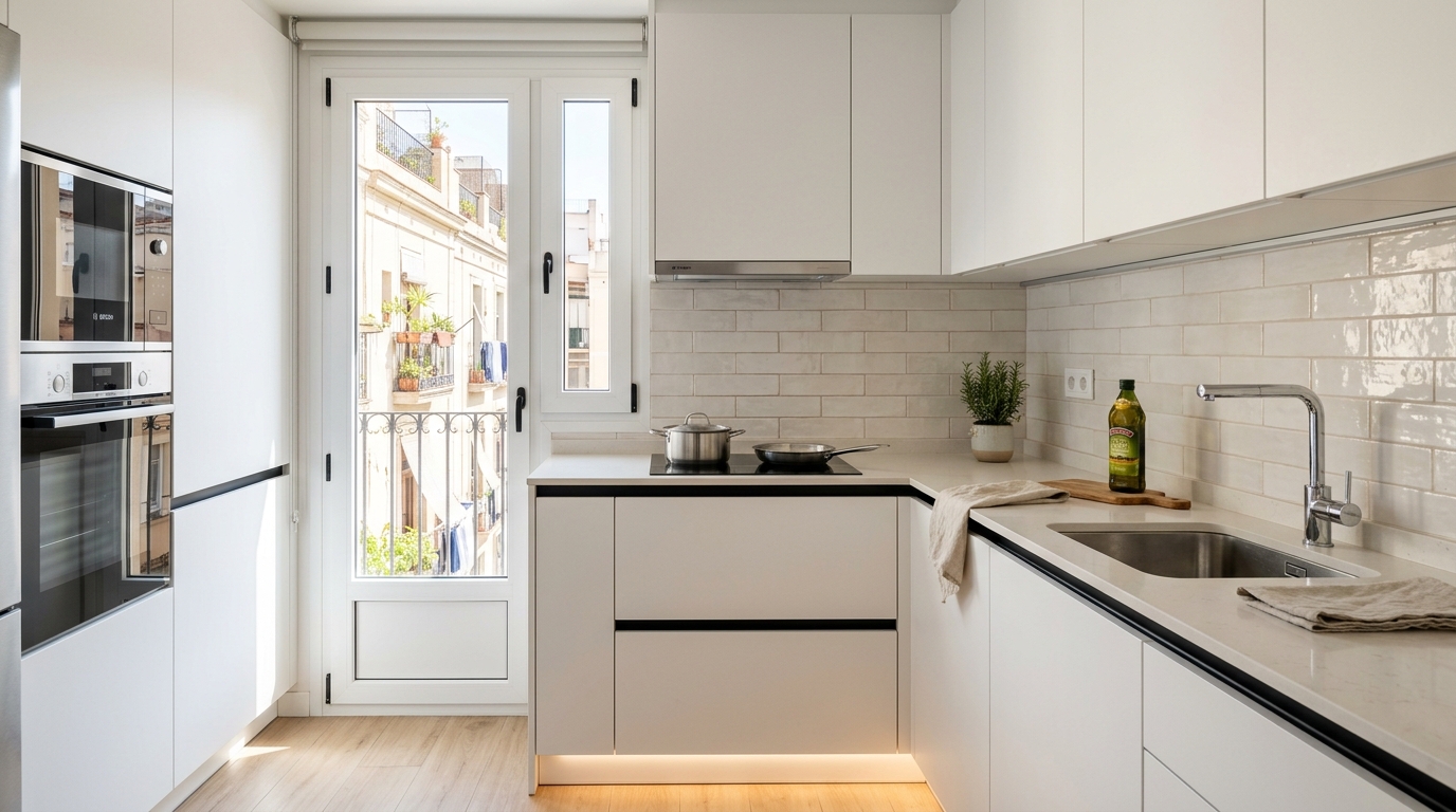 Reforma de cocina moderna con muebles blancos y encimera de cuarzo